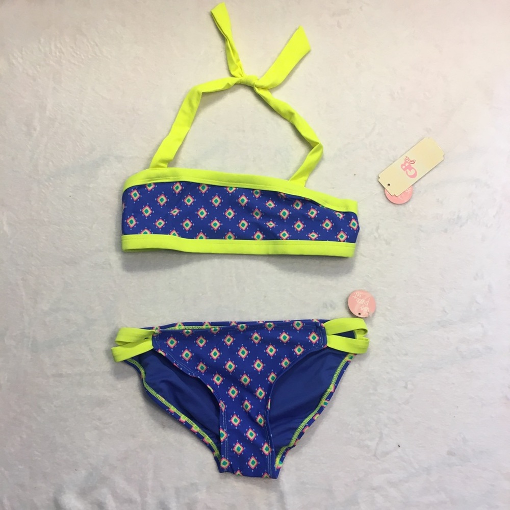 GB Girls Two Piece Swimsuit Kids 14 Blue Neon Yellow New Geometric Bikini Set